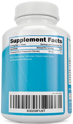 Potassium Supplement 365 Tablets 1 Year Supply - Potassium Chloride 99mg Tablets - Supports Healthy Blood Pressure & Muscle Function - Vegetarian and Non GMO