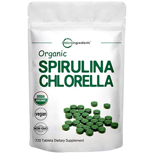 Organic Chlorella Spirulina Tablets, 3000mg Per Serving, 720 Counts, 120 Servings (4 Months Supply), Rich in Prebiotics, Immune Vitamins, Fiber, Proteins, No GMOs, Vegan