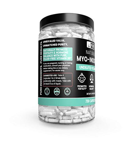 100% Pure Myo-Inositol, 730 Capsules, 6 Month Supply, No Additives or Magnesium Stearate Fillers, 1860 mg Undiluted Vitamin B8 Powder per Serving, Made in The USA