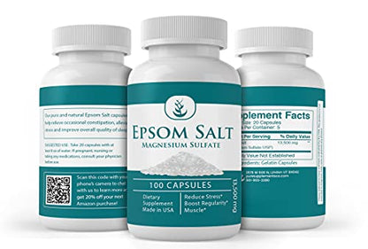 Magnesium Sulfate (Epsom Salt) 100 Capsules, 13500 mg Serving (20 Capsules/Serving), Relieve Occasional Constipation, Improve Sleep, Detoxify The Body, All-Natural*