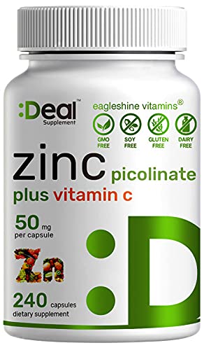 Zinc Picolinate 50mg, 240 Capsules, 8 Months Supply, Zinc with Vitamin C, Immune Booster Zinc for Adults and Zinc for Kids - Advanced Vitamin C Zinc Supplements (240 Capsules)