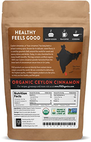 Organic Ceylon Cinnamon Powder | Perfect for Baking, Cooking & Smoothies | 100% Raw from Sri Lanka | 8oz/226g Resealable Kraft Bag | by FGO