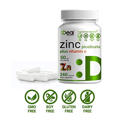 Zinc Picolinate 50mg, 240 Capsules, 8 Months Supply, Zinc with Vitamin C, Immune Booster Zinc for Adults and Zinc for Kids - Advanced Vitamin C Zinc Supplements (240 Capsules)