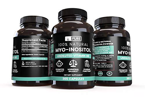 100% Pure Myo-Inositol, 365 Capsules, 3-Month Supply, No Additives or Magnesium Stearate Fillers, 1860 mg Undiluted Vitamin B8 Powder per Serving, Made in The USA