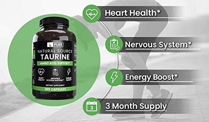 100% Pure Taurine, 365 Capsules, 3-Month Supply, 1120mg, No Magnesium or Rice Fillers, Gluten-Free, Non-GMO, Made in The USA, Potent, Undiluted Taurine with No Additives