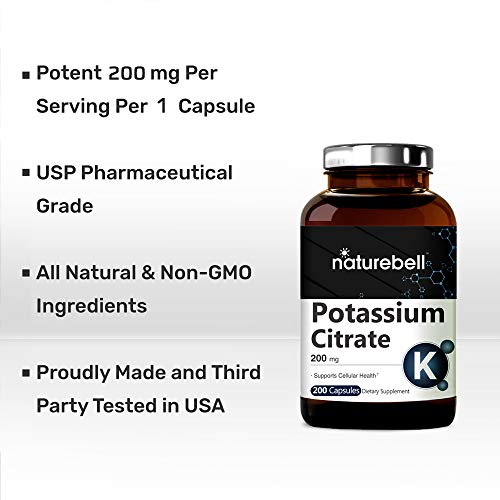 Maximum Strength Potassium Citrate Capsules, 200mg, 200 Counts, Strongly Support Vascular Health, No GMOs and Made in USA