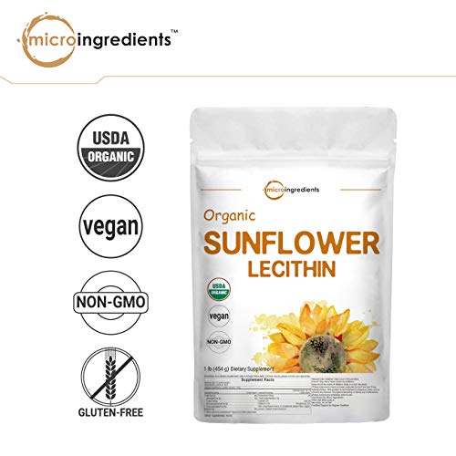 US Grown Organic Sunflower Lecithin Powder, 1 Pound (454g), Sustainable Farmed, Cold Pressed, Rich in Phosphatidyl Choline and Protein for Immune System Booster, No Soy, No GMOs and Vegan Friendly