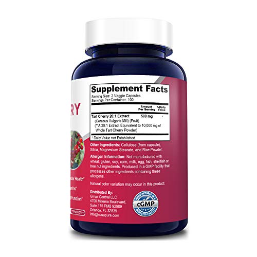 Tart Cherry 10,000mg - 200 Veggie Caps (Vegan, Non-GMO & Gluten-Free) Antioxidant Support - Naturally Occurring Anthocyanins*