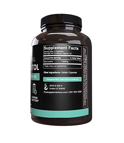 100% Pure Myo-Inositol, 365 Capsules, 3-Month Supply, No Additives or Magnesium Stearate Fillers, 1860 mg Undiluted Vitamin B8 Powder per Serving, Made in The USA