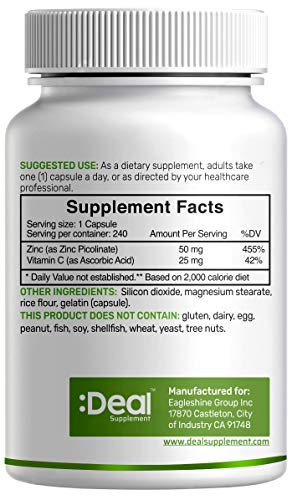 Zinc Picolinate 50mg, 240 Capsules, 8 Months Supply, Zinc with Vitamin C, Immune Booster Zinc for Adults and Zinc for Kids - Advanced Vitamin C Zinc Supplements (240 Capsules)