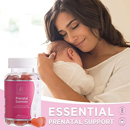 Prenatal Gummies with Folic Acid and DHA - Pregnancy Wellness Support for Mom & Baby with Biotin, Folate, Vitamin A, C, D3, B6, B12, Calcium, Zinc, Pregnancy Blend, Natural, Non-GMO - 60 Gummies