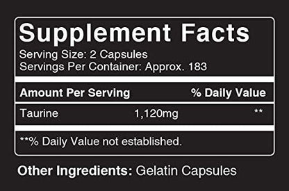 100% Pure Taurine, 365 Capsules, 3-Month Supply, 1120mg, No Magnesium or Rice Fillers, Gluten-Free, Non-GMO, Made in The USA, Potent, Undiluted Taurine with No Additives