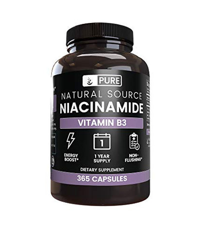 Pure Niacinamide (Vitamin B3), 1-Year Supply, 365 Capsules, No Magnesium Filler, Gluten-Free, No Flush, Made in The USA, 500 mg Natural & Undiluted Niacinamide (Vitamin B3)