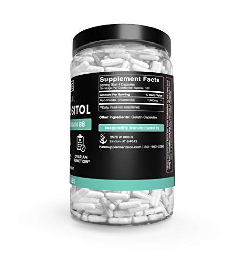 100% Pure Myo-Inositol, 730 Capsules, 6 Month Supply, No Additives or Magnesium Stearate Fillers, 1860 mg Undiluted Vitamin B8 Powder per Serving, Made in The USA