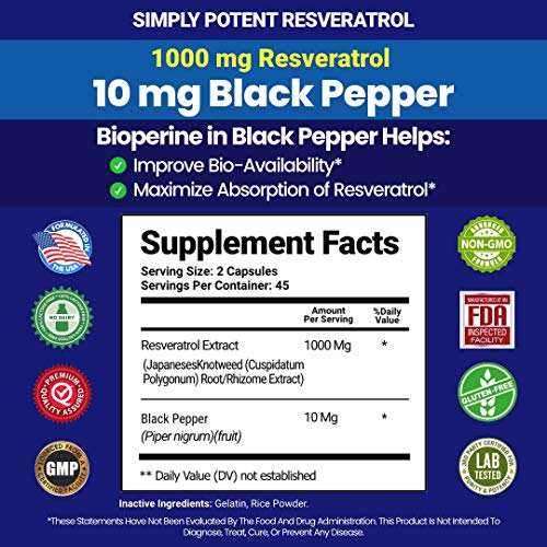 Resveratrol 1000mg Supplement, Trans Resveratrol 500mg, Resveratrol Enhanced with Black Pepper for Max Absorption, Powerful Antioxidant & Anti-Aging Pills for Heart, Immune & Skin Health, 90 Capsules