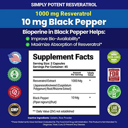 Resveratrol 1000mg Supplement, Trans Resveratrol 500mg, Resveratrol Enhanced with Black Pepper for Max Absorption, Powerful Antioxidant & Anti-Aging Pills for Heart, Immune & Skin Health, 90 Capsules