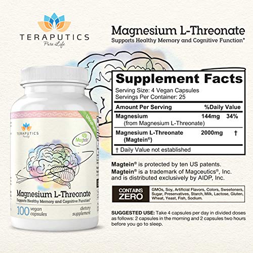 Magnesium L Threonate (Magtein) - The Best Non-GMO Highly Absorptive Pure Magnesium Supplement - 2000 mg - 100 Vegan Capsules - A Vitamin for Cognition & Sleep - Pills are Without Laxative Properties