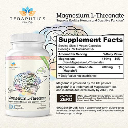 Magnesium L Threonate (Magtein) - The Best Non-GMO Highly Absorptive Pure Magnesium Supplement - 2000 mg - 100 Vegan Capsules - A Vitamin for Cognition & Sleep - Pills are Without Laxative Properties