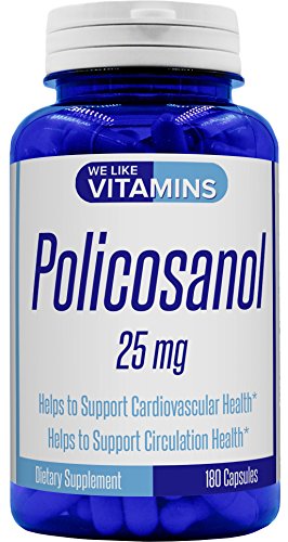 Policosanol 25mg - 180 Capsules - Policosanol Supplement for Cholesterol Support Made from Natural Sugar Cane Also Helps Support Circulation