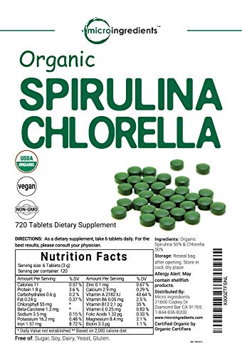 Organic Chlorella Spirulina Tablets, 3000mg Per Serving, 720 Counts, 120 Servings (4 Months Supply), Rich in Prebiotics, Immune Vitamins, Fiber, Proteins, No GMOs, Vegan