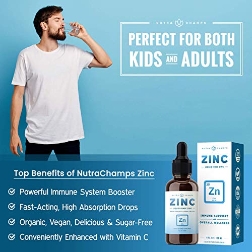 Organic Zinc Sulfate Liquid Supplement - Immune Support System Boost - Pure Ionic Concentrated Mineral Drops for Men, Women & Kids Enhanced with Vitamin C - 4 oz Great Tasting Defense Booster