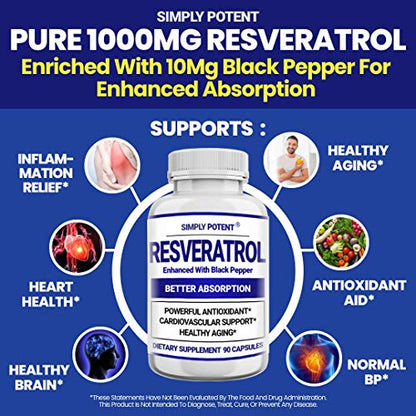 Resveratrol 1000mg Supplement, Trans Resveratrol 500mg, Resveratrol Enhanced with Black Pepper for Max Absorption, Powerful Antioxidant & Anti-Aging Pills for Heart, Immune & Skin Health, 90 Capsules