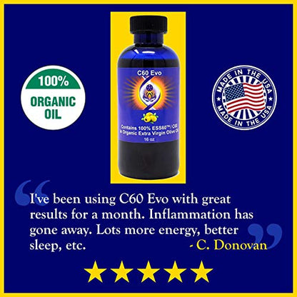 C60 EVO Organic Olive Oil - Pure C60 ESS60 to Support Joint Pain, Flexibility, Energy, Immunity, Great Sleep Aid - 8 oz