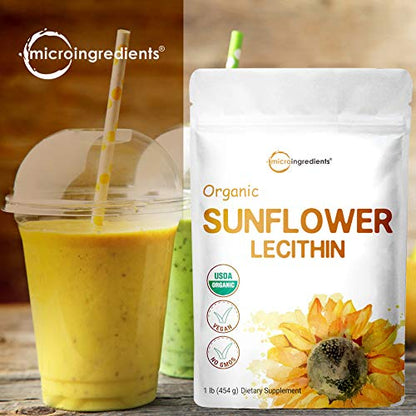 US Grown Organic Sunflower Lecithin Powder, 1 Pound (454g), Sustainable Farmed, Cold Pressed, Rich in Phosphatidyl Choline and Protein for Immune System Booster, No Soy, No GMOs and Vegan Friendly