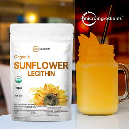 US Grown Organic Sunflower Lecithin Powder, 1 Pound (454g), Sustainable Farmed, Cold Pressed, Rich in Phosphatidyl Choline and Protein for Immune System Booster, No Soy, No GMOs and Vegan Friendly