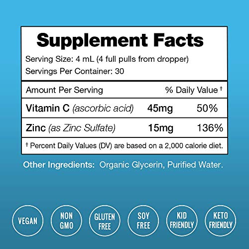 Organic Zinc Sulfate Liquid Supplement - Immune Support System Boost - Pure Ionic Concentrated Mineral Drops for Men, Women & Kids Enhanced with Vitamin C - 4 oz Great Tasting Defense Booster