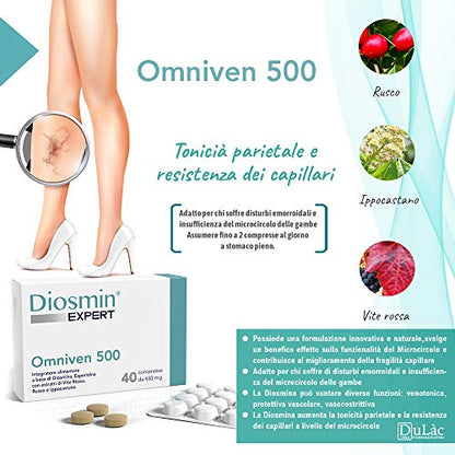 Dulc - Omniven 500 - 40 Tablets - Diosmin (450mg), Hesperidin (50mg), Red Vine, Butcher's Broom, Horse Chestnut - Piles and Microcirculation - Diosmin Expert