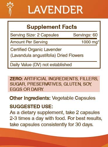 Lavender 120 Capsules, 1000 mg, Organic Lavender (Lavandin, Lavandula X Intermedia) Dried Flowers (120 Capsules)