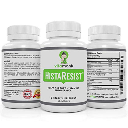 HistaResist Histamine Blocker for Histamine Intolerance - DAO Enzyme Supplement by Vitamonk - Optimal Dose of Diamine Oxidase to Help Shield Histamine for Smooth Digestion - 60 Capsules