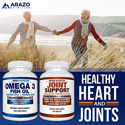 Omega 3 Fish Oil 4,080mg - High EPA 1200mg + DHA 900mg Triple Strength Burpless Capsules - Arazo Nutrition (120 Count)