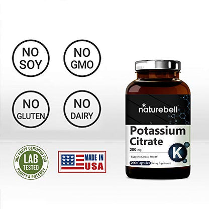 Maximum Strength Potassium Citrate Capsules, 200mg, 200 Counts, Strongly Support Vascular Health, No GMOs and Made in USA