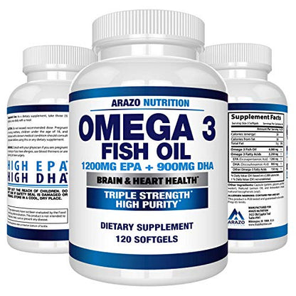 Omega 3 Fish Oil 4,080mg - High EPA 1200mg + DHA 900mg Triple Strength Burpless Capsules - Arazo Nutrition (120 Count)