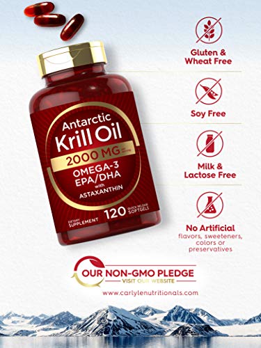 Antarctic Krill Oil 2000 mg 120 Softgels | Omega-3 EPA, DHA, with Astaxanthin Supplement Sourced from Red Krill | Maximum Strength | Laboratory Tested