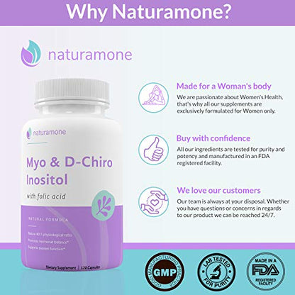 Myo-Inositol & D-Chiro Inositol Blend with 100% of Daily Folate - 40:1 Physiological Ratio - Polycystic Ovary Syndrome (PCOS), Hormonal Balance and Ovarian Support by Naturamone - 120 Capsules