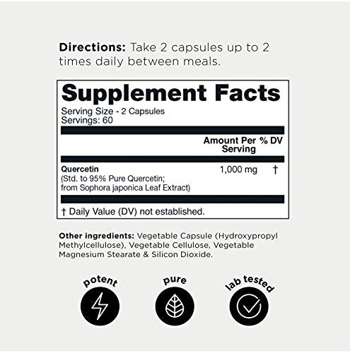 Ultra High Purity Quercetin Capsules - 95%+ Highly Purified for Increased Bioavailability - 1000mg Per Serving - Naturally Supports Immune Response - 120 Capsules Quercetin Supplement