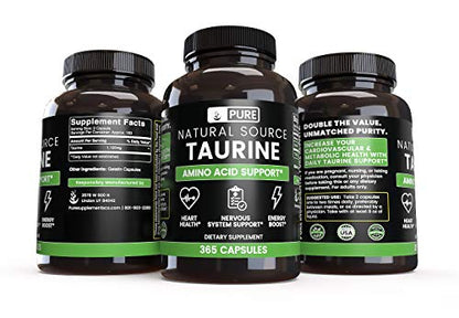 100% Pure Taurine, 365 Capsules, 3-Month Supply, 1120mg, No Magnesium or Rice Fillers, Gluten-Free, Non-GMO, Made in The USA, Potent, Undiluted Taurine with No Additives