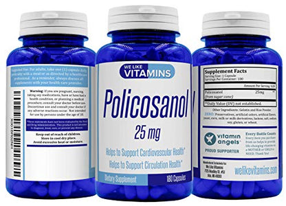 Policosanol 25mg - 180 Capsules - Policosanol Supplement for Cholesterol Support Made from Natural Sugar Cane Also Helps Support Circulation