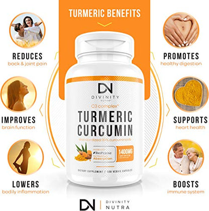 Turmeric Curcumin C3 Complex with BioPerine (Black Pepper Extract) - Anti-Inflammatory & Joint Support Supplement - Max Strength 95% Curcuminoids - 120 Veggie Capsules (2 Month Supply)