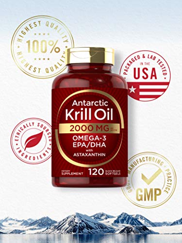 Antarctic Krill Oil 2000 mg 120 Softgels | Omega-3 EPA, DHA, with Astaxanthin Supplement Sourced from Red Krill | Maximum Strength | Laboratory Tested