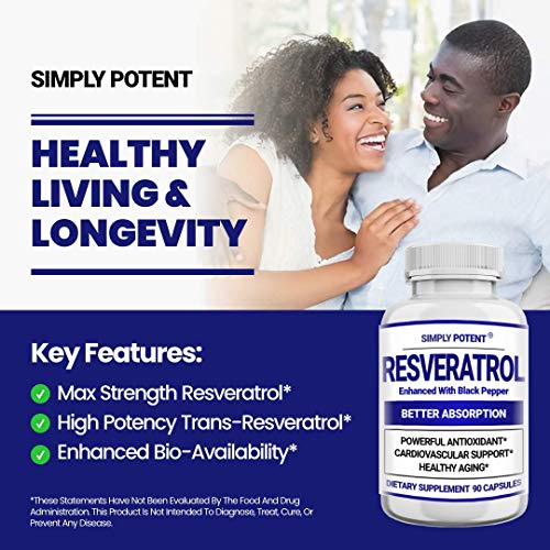 Resveratrol 1000mg Supplement, Trans Resveratrol 500mg, Resveratrol Enhanced with Black Pepper for Max Absorption, Powerful Antioxidant & Anti-Aging Pills for Heart, Immune & Skin Health, 90 Capsules