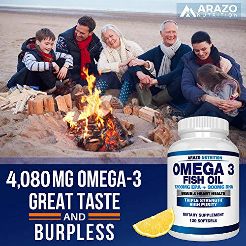 Omega 3 Fish Oil 4,080mg - High EPA 1200mg + DHA 900mg Triple Strength Burpless Capsules - Arazo Nutrition (120 Count)