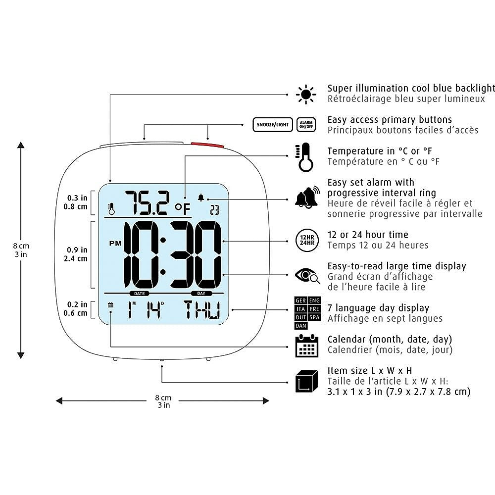 Marathon Compact Alarm Clock with Temperature and Date, Pink (CL030058PI)