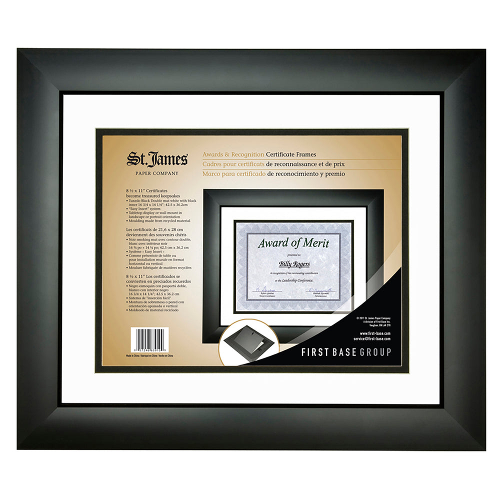 First Base St. James Awards & Certificate Frame - Double Mat - White/Black - 16 1/4" W x 14 1/4" H - For 8 1/2"x11" Certificates