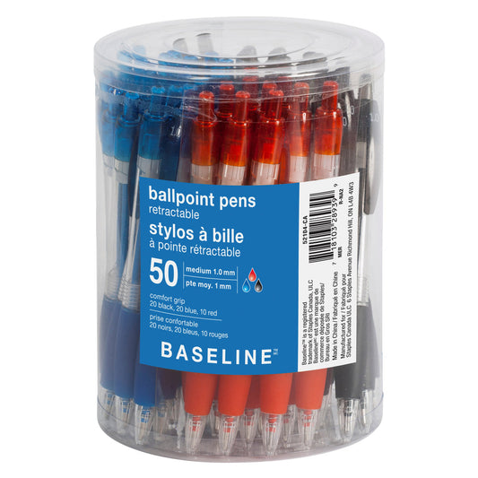 Baseline Ballpoint Pens - 1.0mm - Assorted Colours - 50 Pack