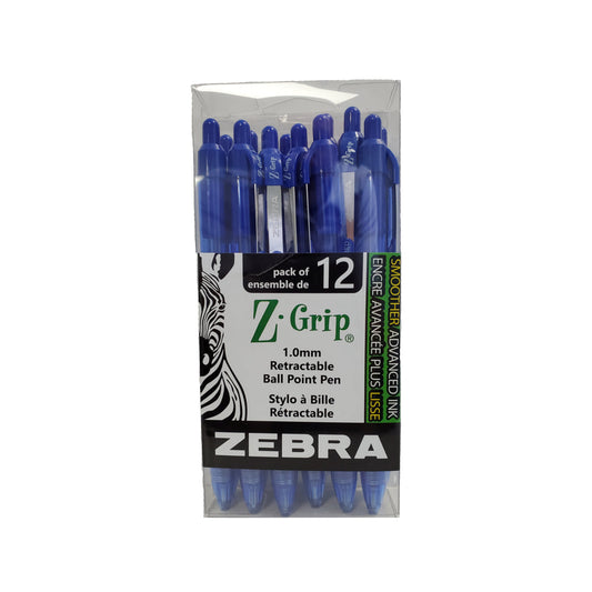 Zebra Z-Grip Retractable Ball Point Pens, Blue, 12 Pack (22292)